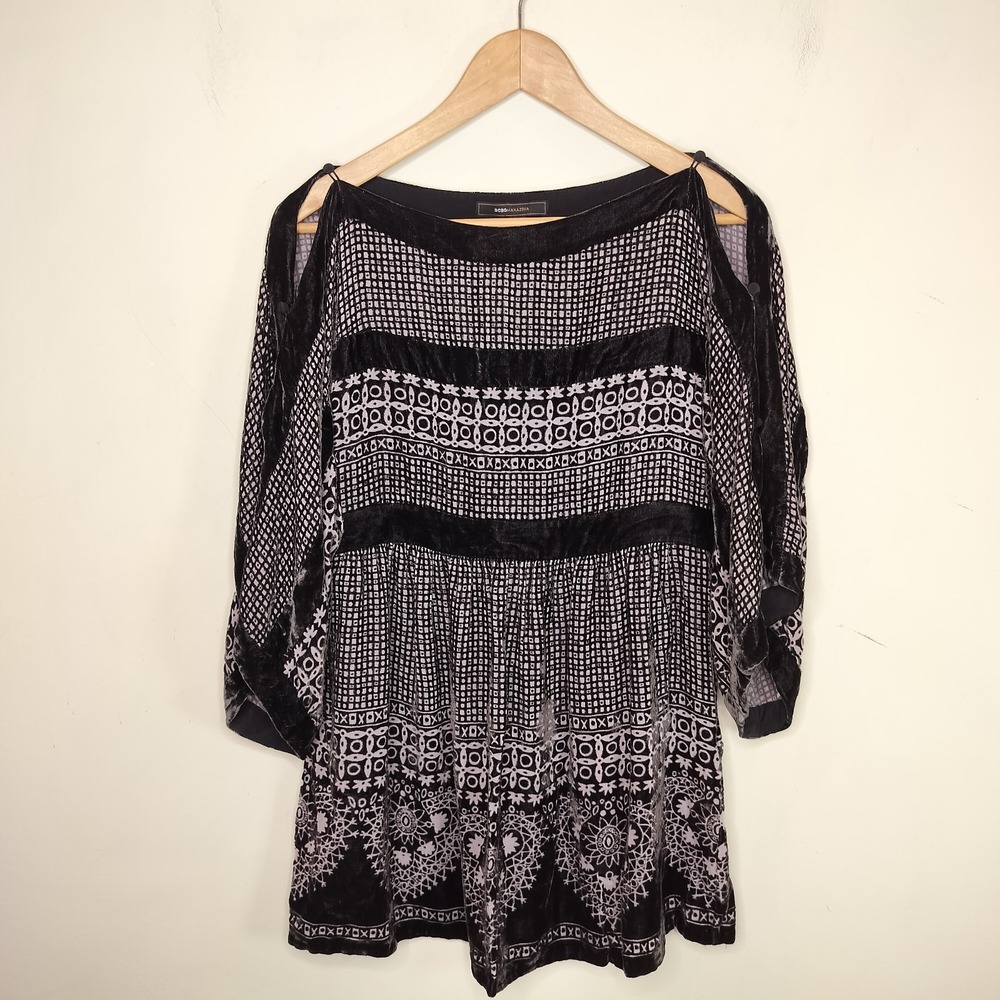 BCBG Maxazria Velvet Tunic Wide Slit Sleeve Geometric Boho Goth